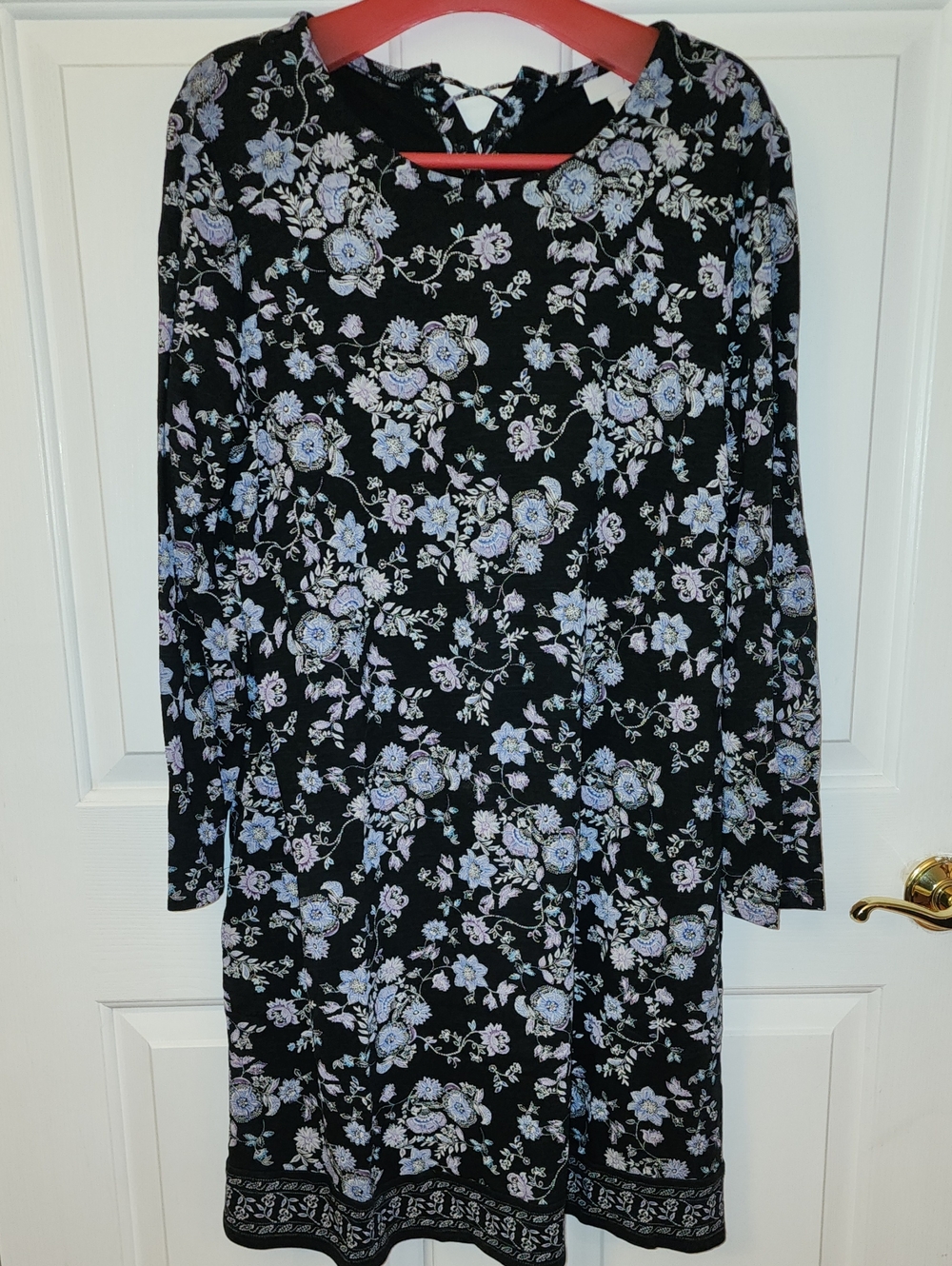 J. Jill Black Long-Sleeve Floral Dress with Lavender and Light Blue Accents